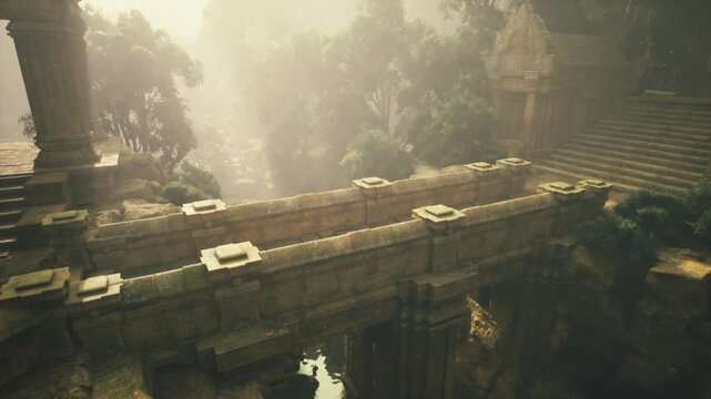 Weathered causeway leading through dense foliage, ceremonial stones marked with faint symbols, moss clad steps descending into shaded courtyard, archaeological