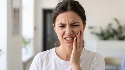 Fototapeta premium Young woman suffering from a severe toothache while holding her painful cheek at home.