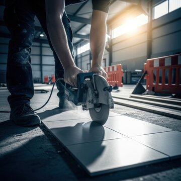 Professional Tile Cutting: A Skilled Worker Precise Technique With Power Tool for Flooring