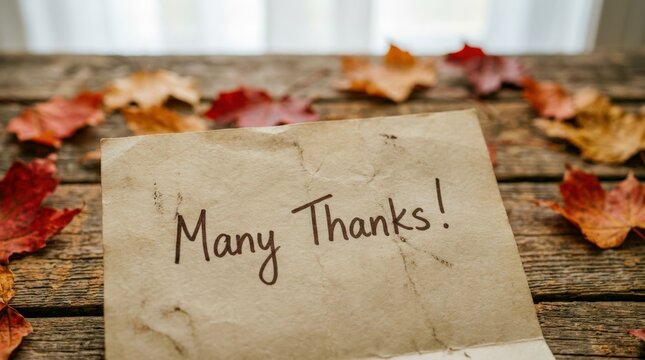 Thank You Note Surrounded by Autumn Leaves.