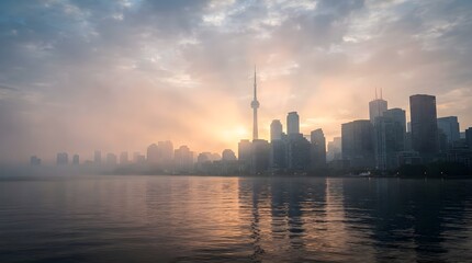 Obraz premium Atmospheric urban skyline silhouette at dawn with dense fog and light reflection on lake water