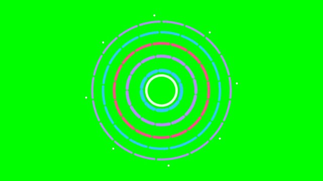 4K green screen neon portal - concentric neon rings rotate and pulse forming a glowing portal, motion graphics overlay element for streamers and video editors, chroma key