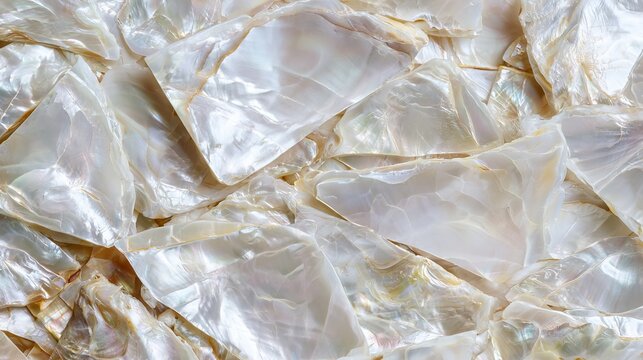 Iridescent mother of pearl shell fragments create a stunning textured surface, showcasing natural beauty and unique patterns in detail