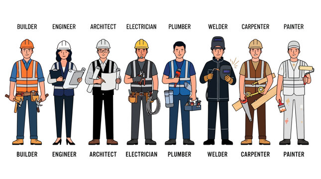 Diverse group of professional tradespeople in uniform standing together.