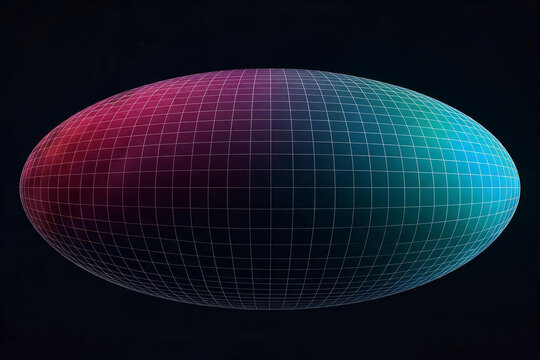 A 3D rendered ellipsoid with grid lines, featuring a smooth magenta-to-cyan gradient against a dark background.