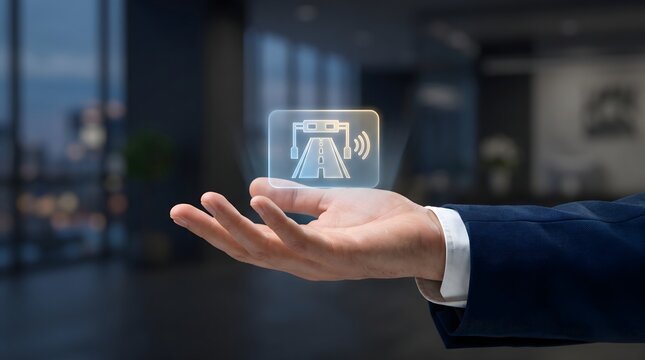 Intelligent toll collection system interface displayed above a business hand