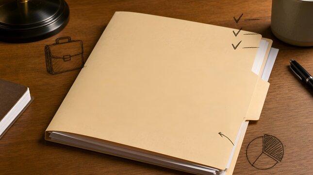 Manila File Folder on Office Desk with Business Sketches for Project Management and Organization