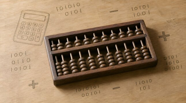 Vintage Wooden Abacus on Wooden Desk with Hand Drawn Calculator and Binary Code Symbols Concept