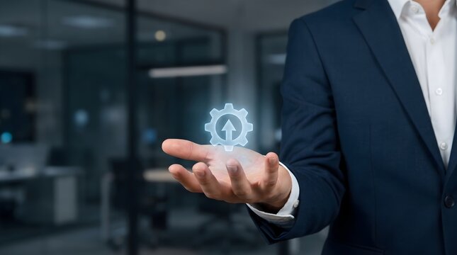 Modern office featuring business hand presenting digital automation upgrade icon