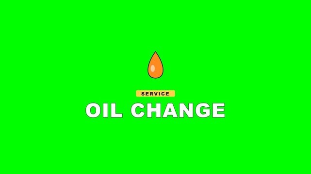 4K green screen OIL CHANGE car dealership badge - an amber oil drop with a dripping loop and a service banner, animated automotive dealer promo overlay for car sales and social media, chroma key