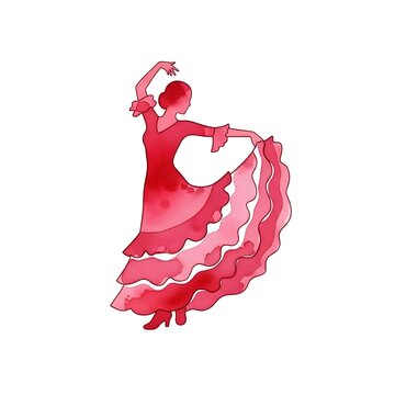 Flamenco dancer lifting bata de cola watercolor illustration for posters, branding, and cultural events.