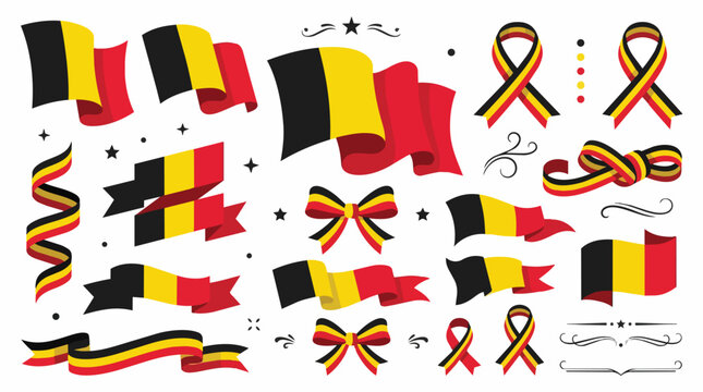 Set of belgium flag ribbons and decorative national symbols