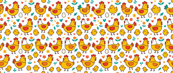 Cute Chicken and Chick Pattern with Flowers and Eggs - Seamless Textile Design © Pie