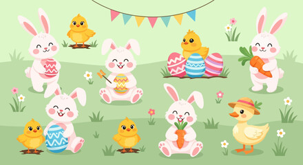 Naklejka premium Whimsical flat design vector illustration featuring charming character elements and vibrant colors on a clean background, ideal for digital graphics and print media projects.