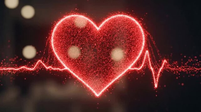 A glowing red heart shape formed by particles with a rhythmic pulse line