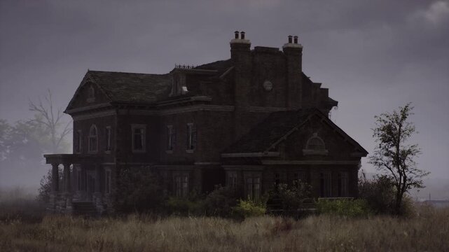 Eerie abandoned manor house in Slovakia, overgrown meadow foreground, crumbling porch and sagging roof, dark clouds gathering, windblown grasses, sense
