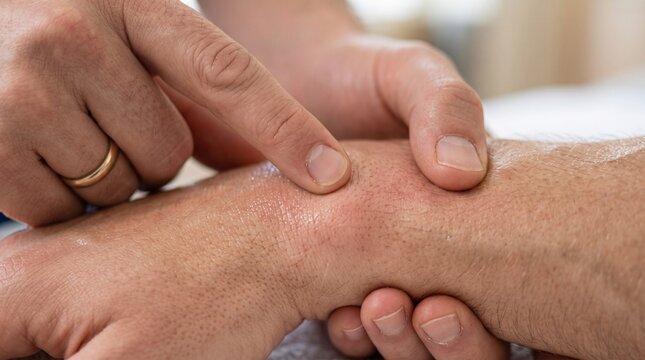 Doctor examining inflamed red skin on patient wrist for diagnosis