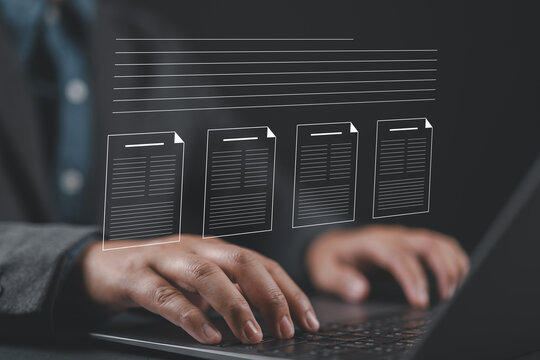 Writer typing news article on laptop with virtual document interface. Concept of online journalism, content creation, blogging and electronic media publishing.
