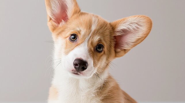 Adorable Pembroke Welsh Corgi puppy with alert ears and curious expression, studio portrait