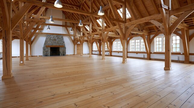 Spacious and Bright Timber Frame Hall with Stone Fireplace, Ideal for Events and Gatherings