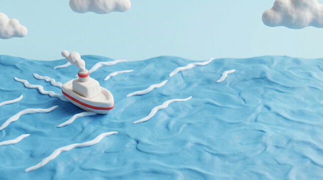 クレイ風の海を進む可愛い船の3Dイラスト