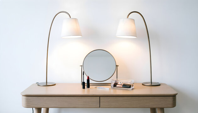 Modern minimalist wooden vanity table with two elegant table lamps and round mirror in a clean interior