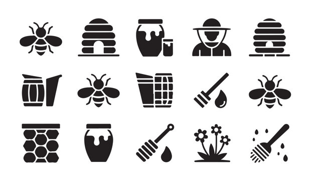 Beekeeping equipment and honeybee icons collection with hive jar and bee symbols for apiary graphic.