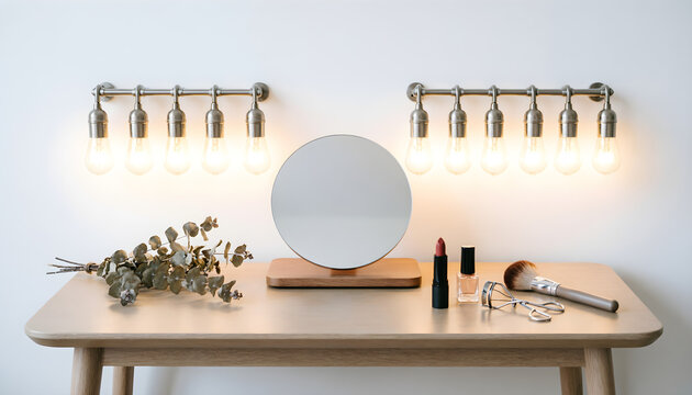 Modern minimalist vanity table with round mirror, cosmetic products, makeup brush, and warm wall lights in contemporary interior