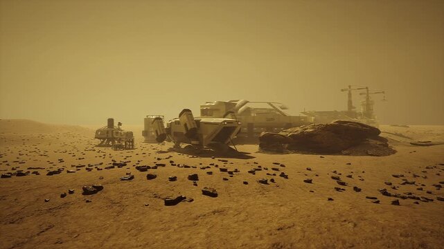 Mars logistics field at sunrise with scattered cargo and vehicles, long shadows across regolith, early operations and automated loaders preparing mission
