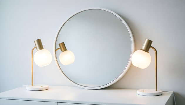 Modern minimalist table lamps with round mirror on white cabinet in contemporary interior