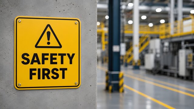 Yellow safety first warning sign mounted on concrete pillar inside modern industrial factory warehouse managing workplace occupational hazards