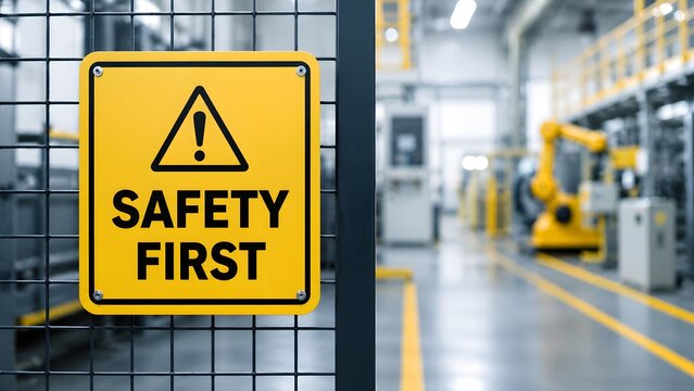 Yellow safety first warning sign mounted on protective fence displaying hazard caution in automated industrial factory