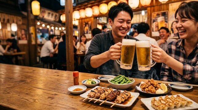 居酒屋でビールを飲む笑顔の男女と焼き鳥や餃子