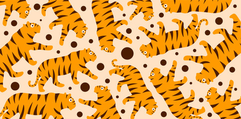 playful jumping tiger cubs with orange dots background pattern © foxndeer