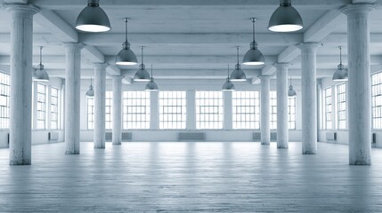 Obraz premium Spacious bright industrial loft interior with high ceilings and large windows creating an airy, open atmosphere