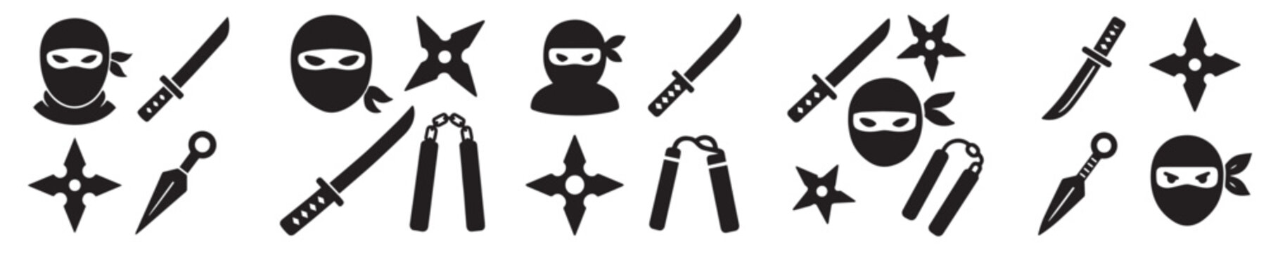 Black and White Ninja Icons Set with Weapons and Masks