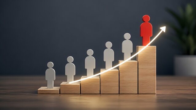 Corporate career development concept showing human figures climbing wooden block stairs following glowing upward trend arrow toward leadership position