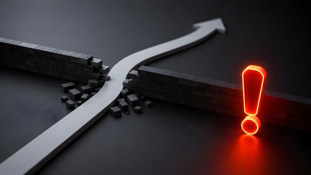 Breakthrough business strategy concept showing white arrow breaking through dark brick wall next to glowing red warning exclamation mark