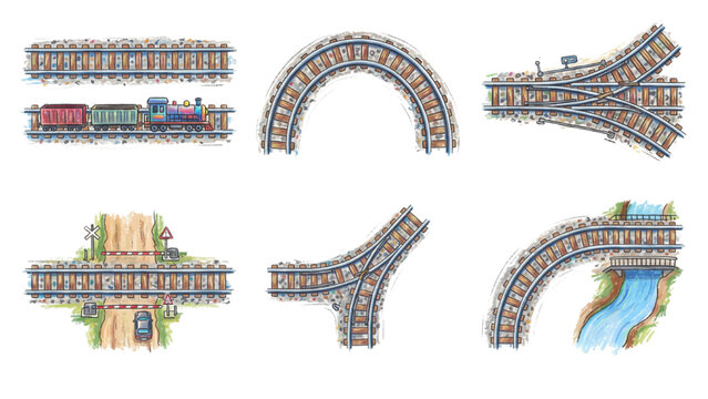 Top View Railway Track and Train Vector Collection with Different Rail Road Layout Designs