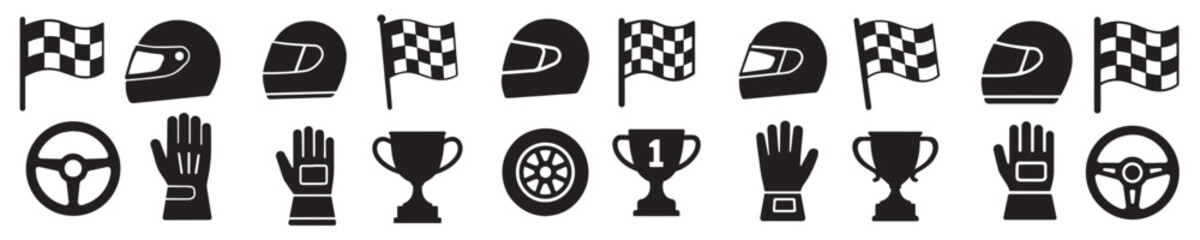 Set of Racing Icons Including Helmets, Flags, and Trophies © rizkyan