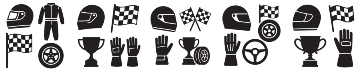 Set of Racing Icons Featuring Helmets, Flags, and Trophies © rizkyan