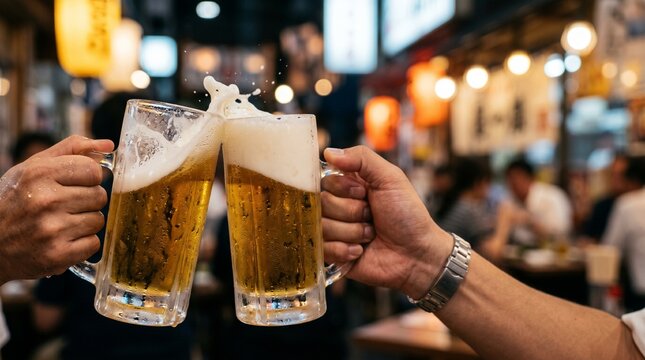 居酒屋でビールを乾杯する手元