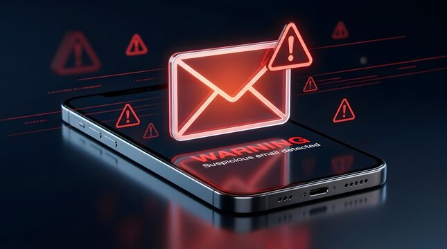 Mobile cybersecurity threat alert showing glowing red hologram phishing email warning for suspicious data scam on smartphone