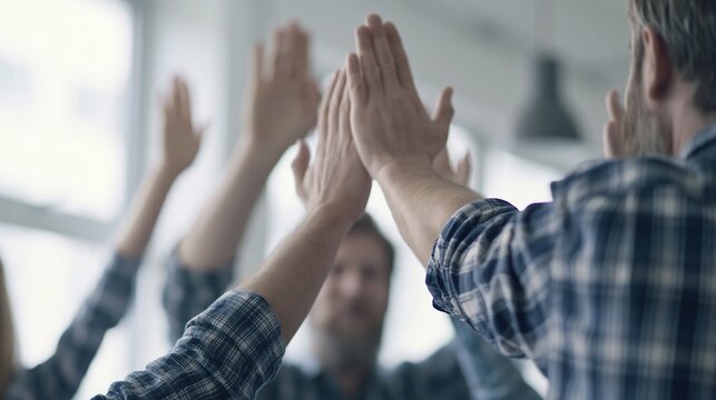 Diverse team celebrating success with a high five, embodying collaboration and unity in the workplace