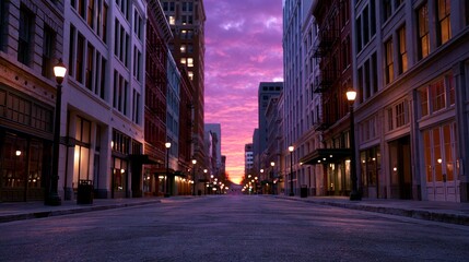 Fototapeta premium Empty street scene with lit lamps flanked by tall buildings against striking purple sunset sky