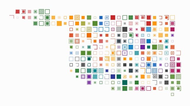 Oklahoma animated shape. Pulsating colored dots on the map of the state. Large size square blocks. Digital style Oklahoma map on white background. Stylish animation video.