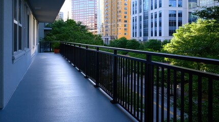 Naklejka premium Balcony view of urban skyline with modern buildings and lush trees under a clear sky in evening light