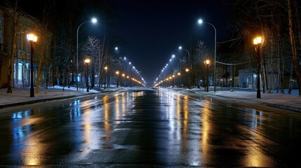 Fototapeta premium Wet, empty nighttime street with lampposts reflecting on pavement, flanked by trees and buildings, under a dark sky
