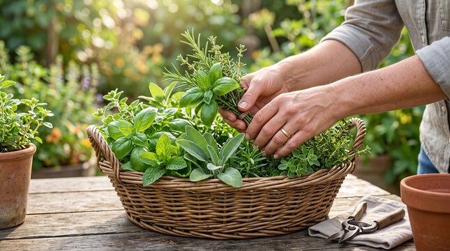 Person holding fresh aromatic herbs in a wicker basket in a garden