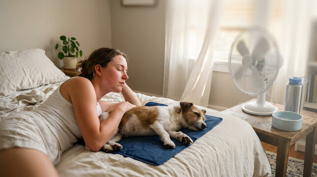 Summer heatwave comfort showing woman and pet dog resting on cooling pad near fan in cozy bedroom